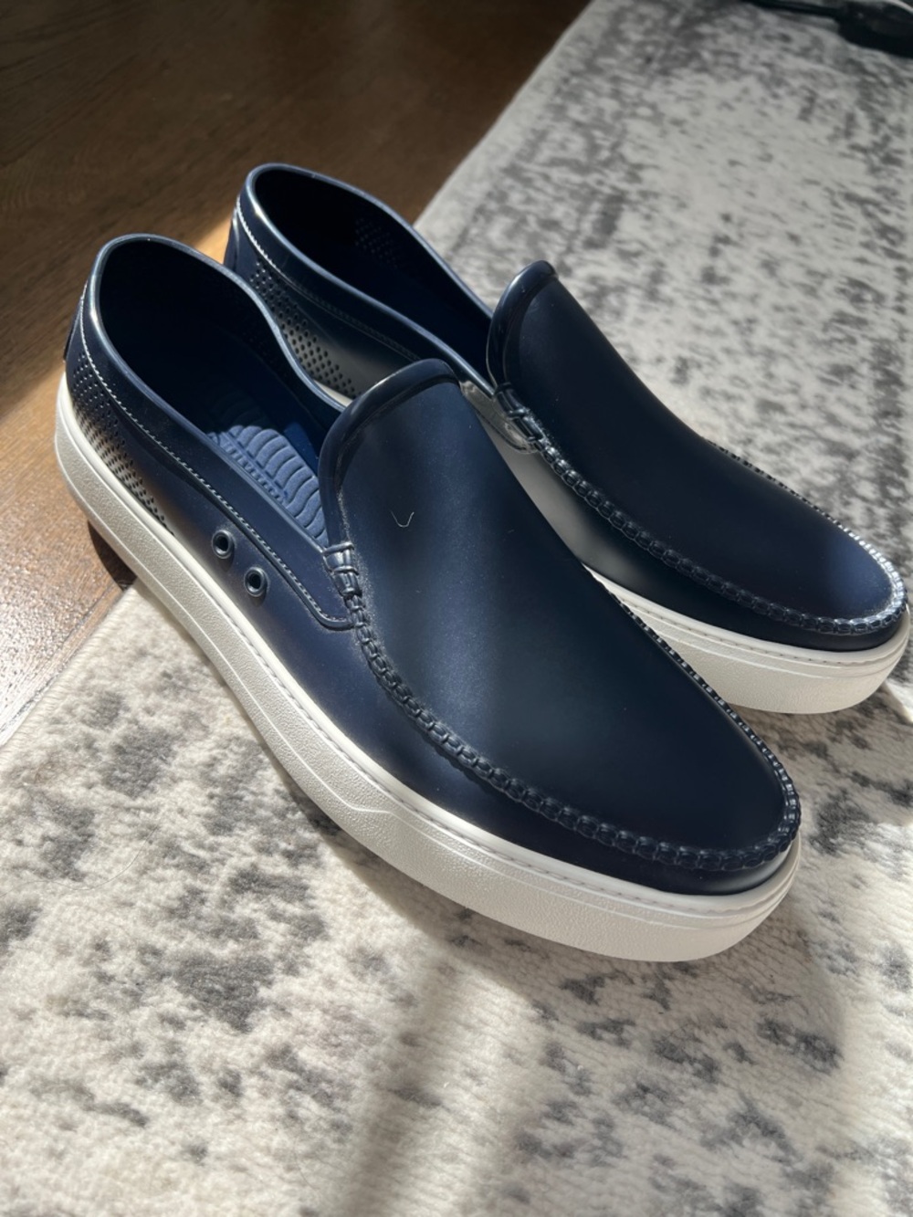 Salvatore Ferragamo Navy and White Slip-On Boat Shoes